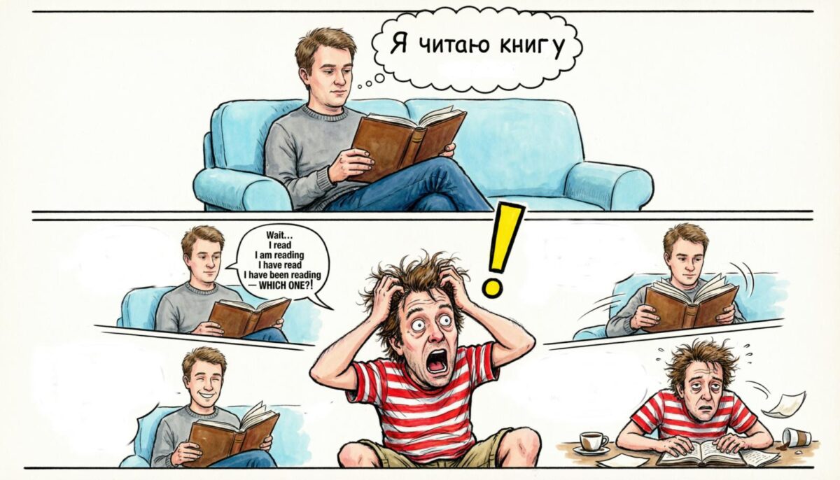 Русский говорит: "Я читаю книгу" Англичанин смотрит на него и говорит: "Wait... I read / I am reading / I have read / I have been reading — WHICH ONE?!"