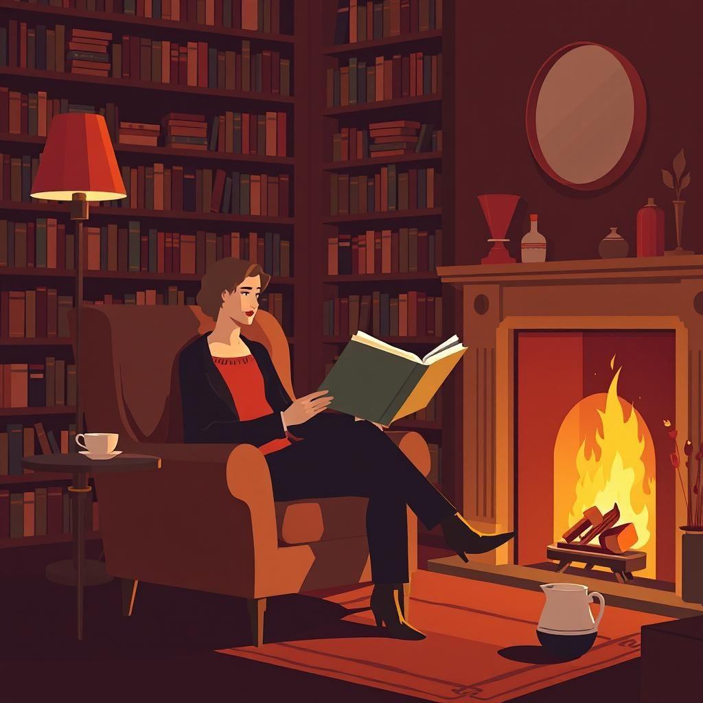 Человек читает классическую английскую литературу, сидя в кресле у камина; позади — книжные полки, заполненные книгами, рядом — чашка чая